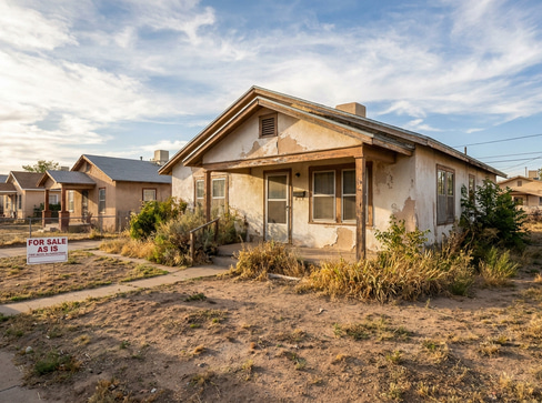 Older single-story home with worn exterior, suitable for renovation or cash purchase.