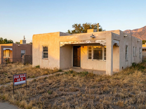 Single-story home with visible exterior wear, ideal for a fixer-upper purchase.