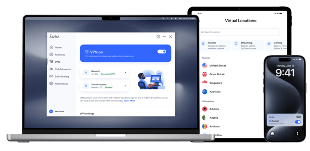 A laptop, tablet, and phone showing Aura's extensive privacy features.