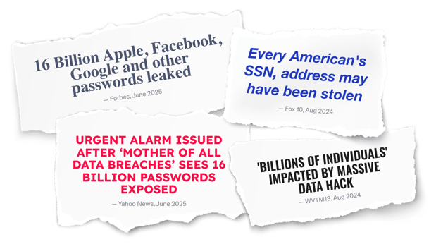 News Articles from Forbes, Yahoo News, Fox 10, & WVTM13 referencing major data breaches in 2025.