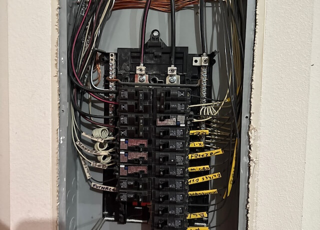 Clean electrical panel wiring installation with labeled circuit breakers in a home.