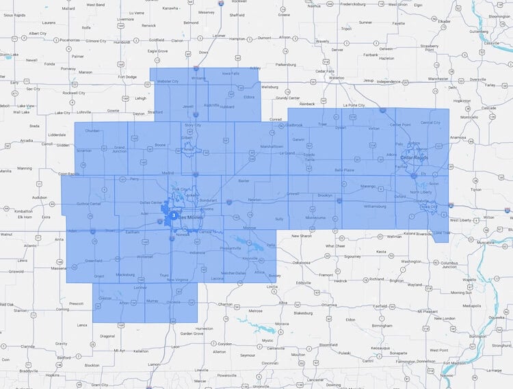Custom Electrical Des Moines, Central Iowa and Eastern Iowa Service Area Map
