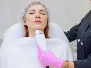 patient with saggy neck receives rf microneedling treatment to tighten skin