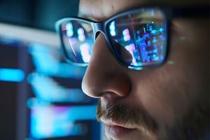 working with big data Programming code reflecting in glasses