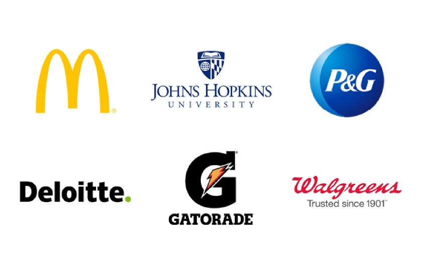 Logos for McDonald's, Johns Hopkins University, Proctor & Gamble, Deloitte, Gatorade, and Walgreens