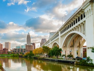 Cleveland waterfront with downtown and the Detroit-Superior bridge.