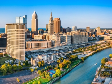 Cleveland skyline next to the riverfront.
