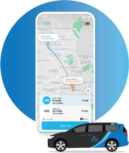 Get around with RIDE, Powered by VIA's On-Demand Rideshare in Wilson, NC.