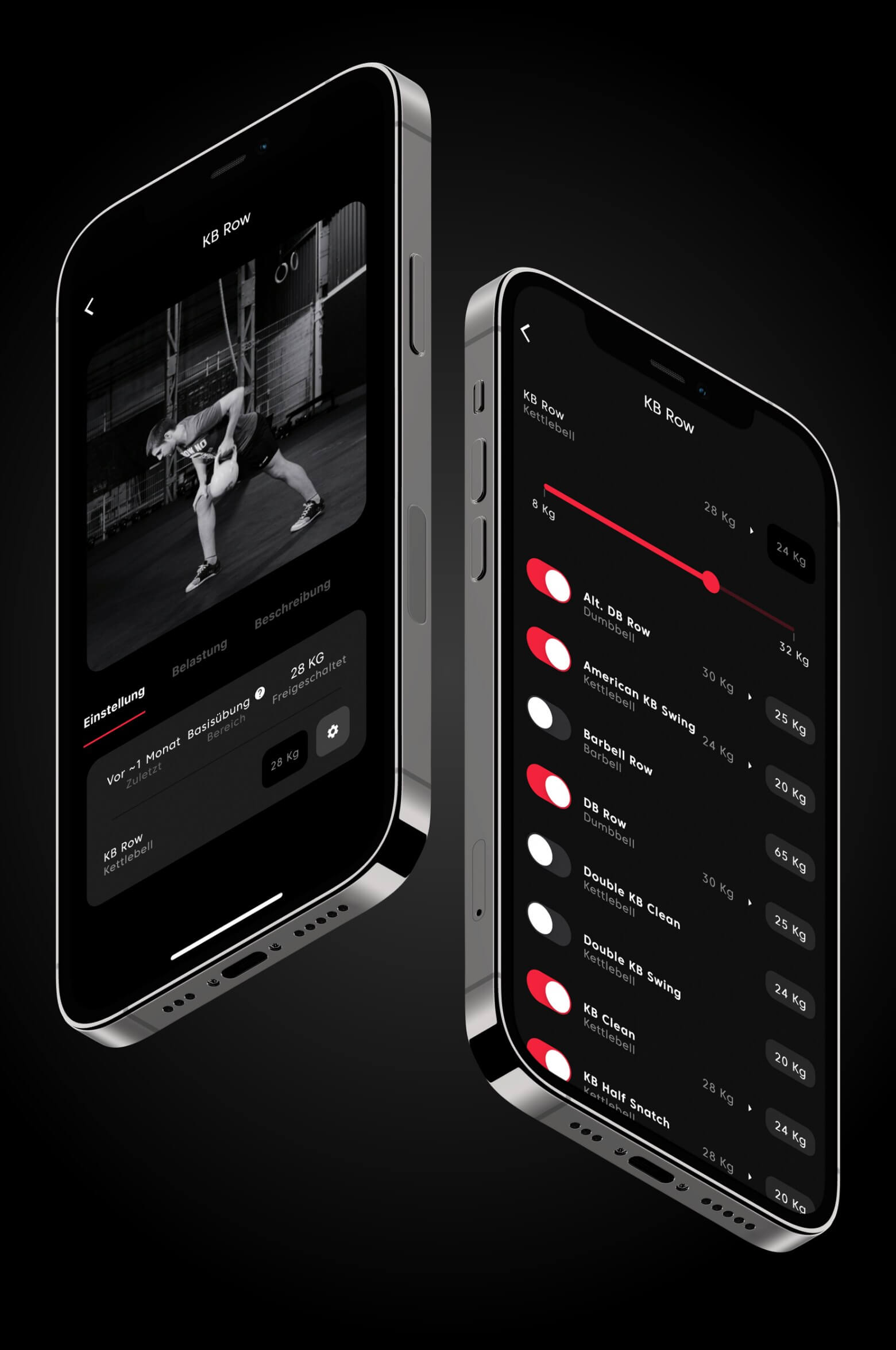 Zwei Smartphones, die verschiedene Workouts für verschiedene Fitnesslevels zeigen: Workout für Einsteiger und Workout für Fortgeschrittene.