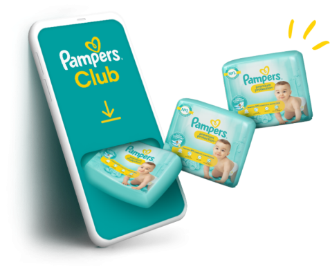 Smartphone mit Pampers Club App und Pampers Windel-Packungen