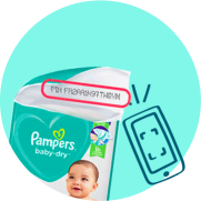 Bubble mit geöffneter Pampers Baby-Dry Packung die zeigt, wo sich der Code für die App befindet