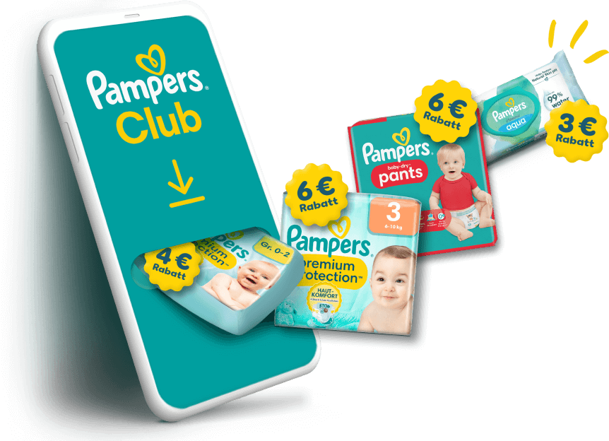 Smartphone mit Pampers Club App und Rabatt Coupons auf Pampers Produkten