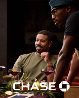 A white chase logo and 'HAPPPINESS' BY SARZ  CHASE 'A Taste of West Africa with Michael B Jordan'