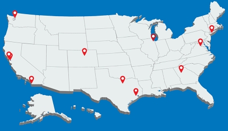 Map of U.S. with pins in cities where in-person SHRM seminars will be held