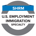 A seal made up of a grey circle with a blue ribbon saying SHRM across the top and a wide white ribbon saying California Law HR Speciality across the middle.