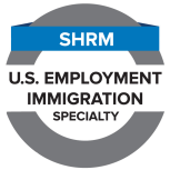 A seal made up of a grey circle with a blue ribbon saying SHRM across the top and a wide white ribbon saying California Law HR Speciality across the middle.