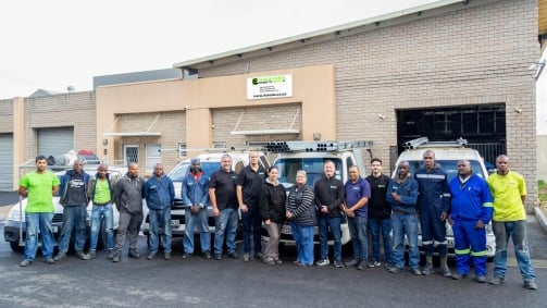 The Shadeports Down To Earth team in front of the our local factory in Somerset West