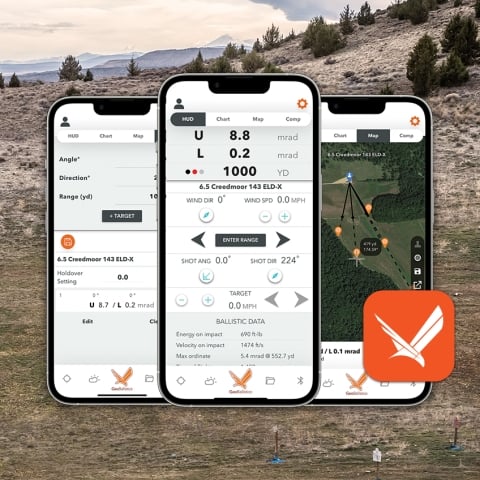 GeoBallistics® App Screens on mountain shooting range landscape.