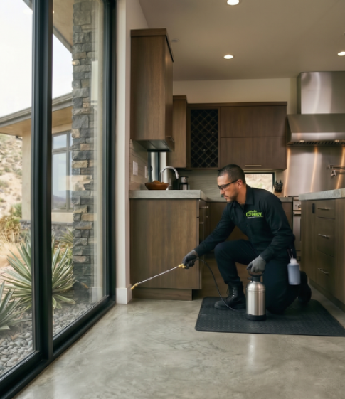 Workers reviewing building plans on a table with tools and blueprints.