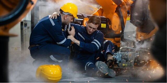 Image of worker injured on the job and colleague assisting them