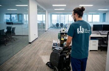 Man cleaning office carpet with machine
