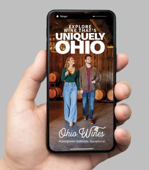 Phone displaying the Ohio Wines VIP app