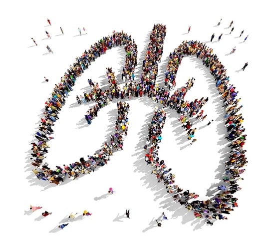 an aerial view of a crowd of people standing in the shape of lungs