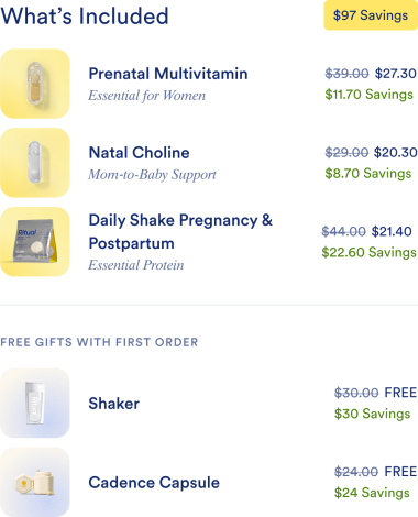 Contents of the Pregnancy Essential Starter Kit with pricing and savings.