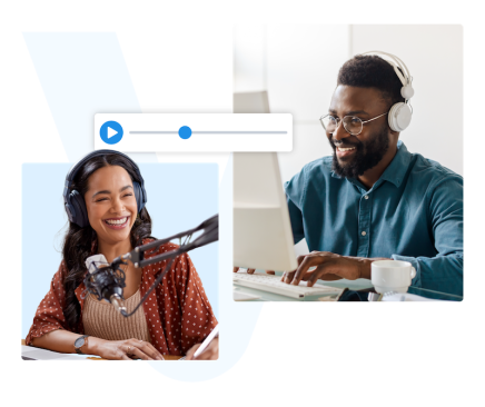 Smiling woman, voice over with headphones and microphone