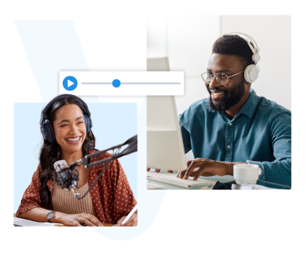 Smiling woman, voice over with headphones and microphone