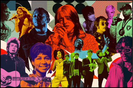 Studio portrait of two musicians seated against a blue background