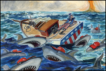 Editorial illustration of a chaotic ocean scene symbolizing bold investigative journalism