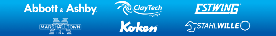 Brand logos (Abbott & Ashby, ClayTech Pumps, Estwing, Marshalltown, Koken and Stahlwille