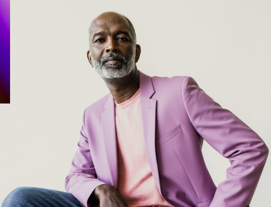 man wearing grey suit with arms crossed. purple decorative line