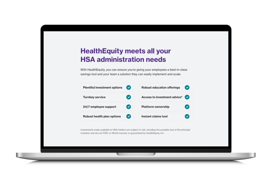 a laptop open to a page with the text "Health Equity meets all your HSA administrations needs"