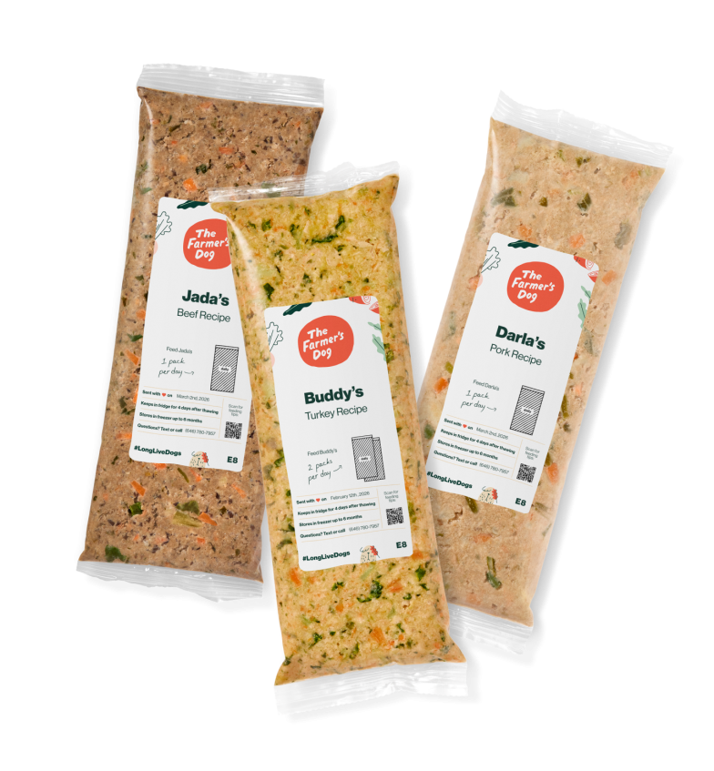 Three Farmers Dog fresh food pouches arranged vertically: left Jada&amp;amp;#39;s Beef Recipe with brown beef mix, middle Buddy&amp;amp;#39;s Turkey Recipe with yellow-green turkey and veggies, right Darla&amp;amp;#39;s Pork Recipe with beige pork and colorful vegetables; each labeled with portions, storage info, QR codes, and #LongLiveDogs hashtag.