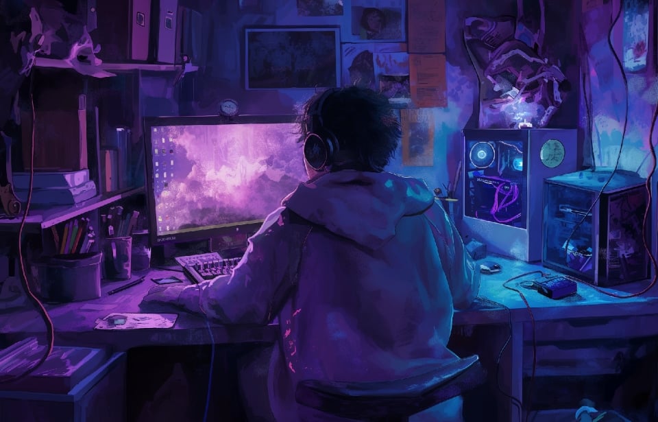 a pc gamer in his room