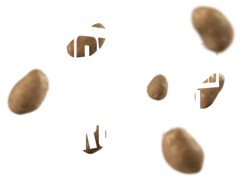 Flying potatoes around a copy block that reads 'Power Packed Protection'.
