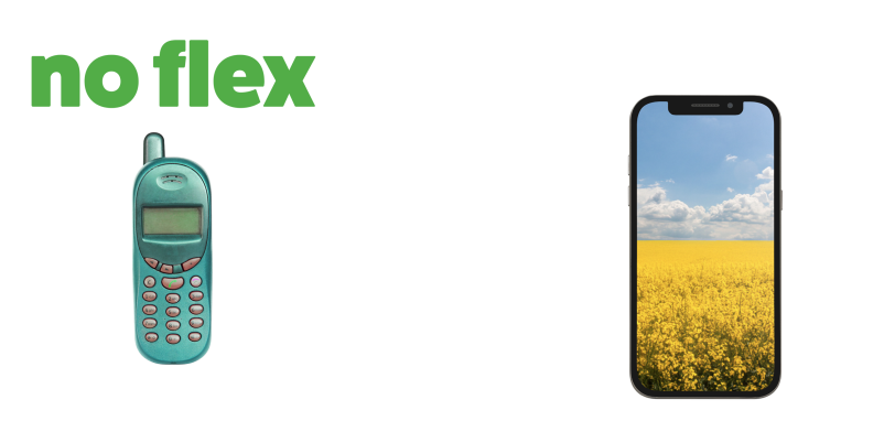 An older green mobile phone with a miniscule screen and an old-fashioned dial pad. A sleek, modern mobile device with a large screen featuring a photo of a vibrant yellow canola field.