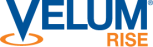 The Velum Rise logo in bold blue lettering, with the word ’Rise’ in gold below ’Velum’.