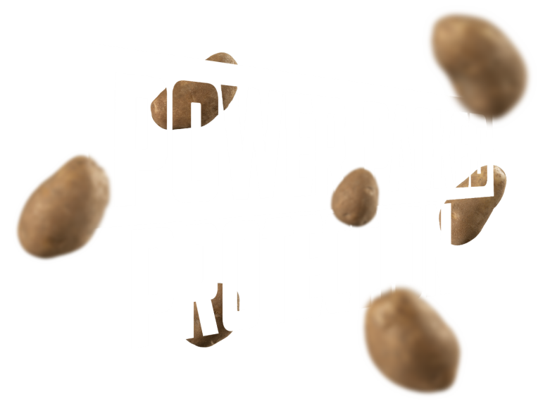 Flying potatoes around a copy block that reads 'Power Packed Protection'.