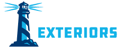 Logo for Pacific Exteriors featuring a blue lighthouse and their company name in blue text