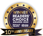 2020 Readers' Choice Awards 10th Anniversary badge for Bowen Therapy Pain Relief Centre, featuring a gold and purple medallion with the text 'WINNER Readers' Choice Awards 2020' and 'Natural Health' with Chinese characters below, and a ribbon reading '10th Anniversary'
