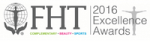 2016 FHT Excellence Awards logo for Bowen Therapy Pain Relief Centre, featuring a globe with a figure and the text 'FHT 2016 Excellence Awards' in gray, with 'complementary+beauty+sports' below, on a black background.