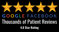 Badge for Bowen Therapy Pain Relief Centre showcasing a 4.9 star rating with five gold stars, and the text 'GOOGLE FACEBOOK Thousands of Patient Reviews 4.8 Star Rating' in colorful letters on a black background, updated to reflect a 4.9 star rating and 
