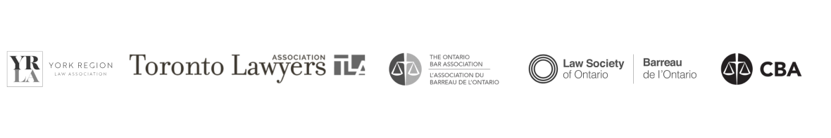Logos for following associations: Toronto Lawyers Association, York region Law Associate, The Ontario Bar Association, Law Society of Ontario, and The Canadian Bar Association