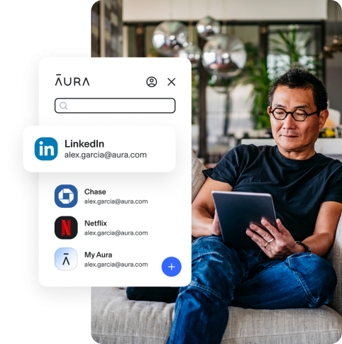 Man on his tablet + Aura UI check for LinkedIn, Chase & Netflix