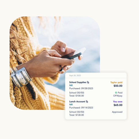 Woman checking her phone with an overlay of the OFW expenses page.