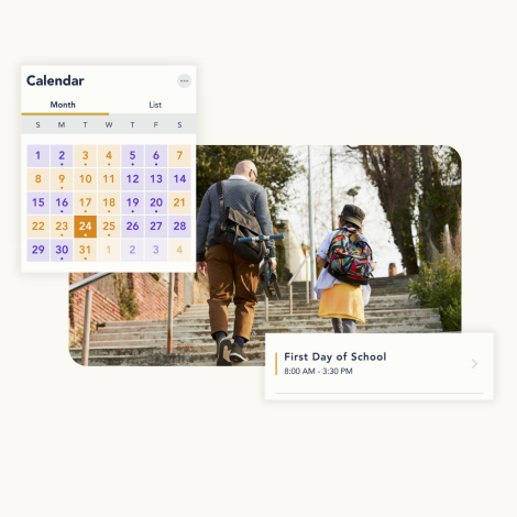 Dad taking his daughter to school, the OFW calendar is show as well as an event that reads "First Day of School"
