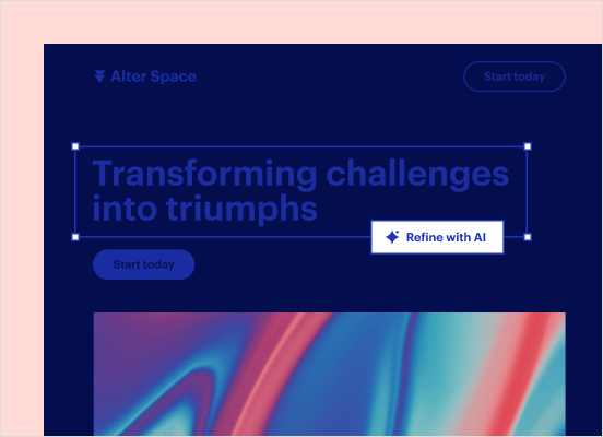 Instapage mock-up with AI refine option on landing page text